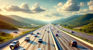 Einfach reisen mit der Vignette Ungarn 2025 Vignette Ungarn: Autobahn mit mehreren Spuren umsäumt von begrünter hügeliger Landschaft