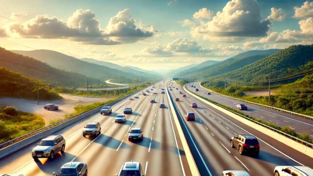 Vignette Ungarn: Autobahn mit mehreren Spuren umsäumt von begrünter hügeliger Landschaft