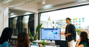 Wie KI im Travel Management Kosten senkt KI im Travel Management spart Kosten und viel Zeit: Ein Büro mit Mitarbeitern und einem gro0en Monitor