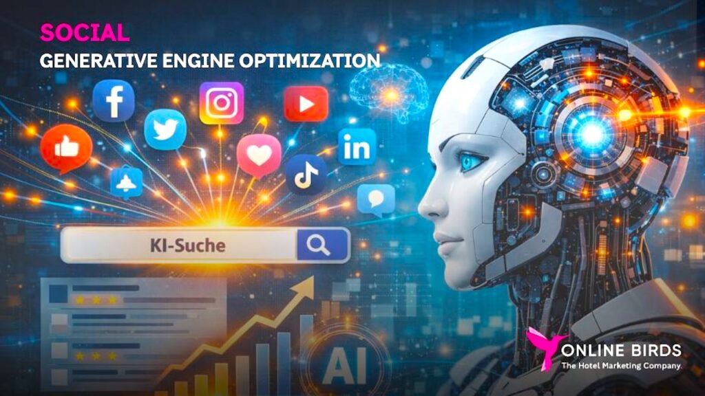 Social Geo: Ein KI-Kopf mit einer Suchmaske und vielen Social Media Symbolen