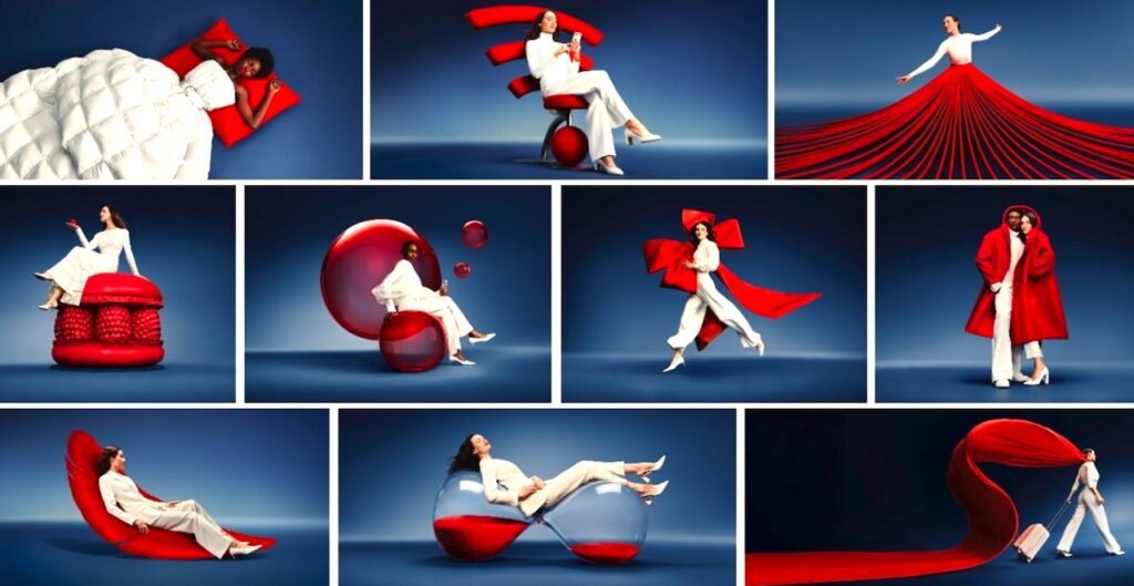 Air-France-Kampagne: Eleganz neu definiert. Mehrere Bild mit Frauen, die mit roten Gegenständen und Kleidern posieren