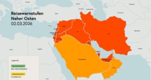 Sicherheitslage: Reisewarnungen für Nahost Landkarte mit den Staaten des Nahen und Mittleren Ostren: Hochgefährliche Sicherheitslage: Für diese vom Iran-Krieg betroffenen Länder im Namen und Mittleren Osten herrschte höchste Reisewarnstufe 4 (Karte: BMEIA)