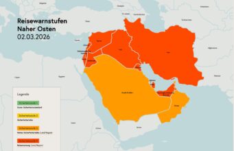 Sicherheitslage: Reisewarnungen für Nahost Landkarte mit den Staaten des Nahen und Mittleren Ostren: Hochgefährliche Sicherheitslage: Für diese vom Iran-Krieg betroffenen Länder im Namen und Mittleren Osten herrschte höchste Reisewarnstufe 4 (Karte: BMEIA)