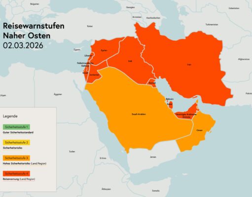 Sicherheitslage: Reisewarnungen für Nahost Landkarte mit den Staaten des Nahen und Mittleren Ostren: Hochgefährliche Sicherheitslage: Für diese vom Iran-Krieg betroffenen Länder im Namen und Mittleren Osten herrschte höchste Reisewarnstufe 4 (Karte: BMEIA)