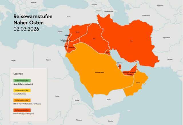 Landkarte mit den Staaten des Nahen und Mittleren Ostren: Hochgefährliche Sicherheitslage: Für diese vom Iran-Krieg betroffenen Länder im Namen und Mittleren Osten herrschte höchste Reisewarnstufe 4 (Karte: BMEIA)