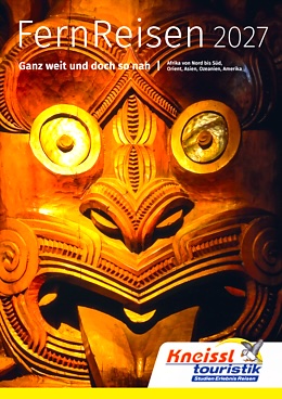 Kneissl Touristik: Katalogcover mit einer asiatischen Maske sowie einem Logo von Kneissl Touristik